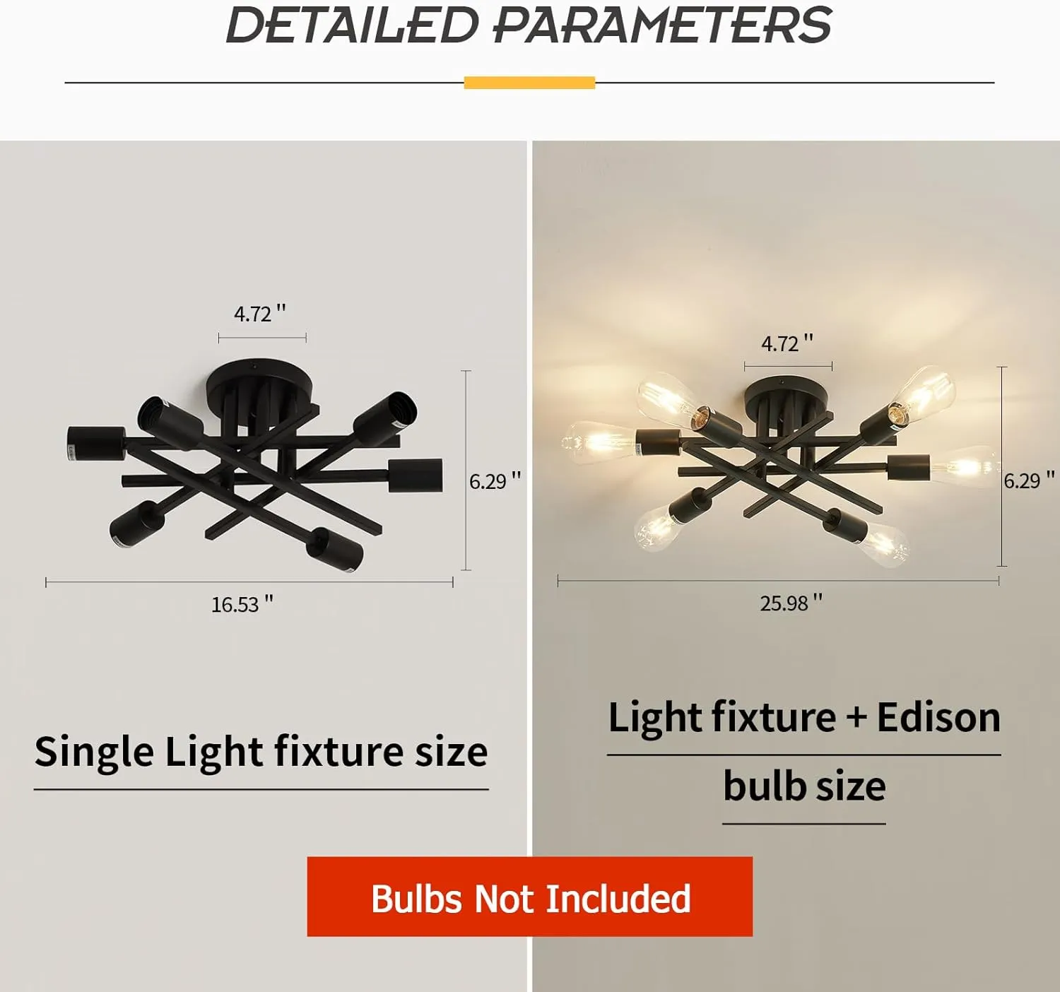 ASGYISA 6-Lights Semi Flush Mount Ceiling Light Fixture 2-Pack Black Vintage Matte Sputnik Chandelier Ceiling Lamp for Farmhouse Dining Room Living Room Bedroom Kitchen Entryway