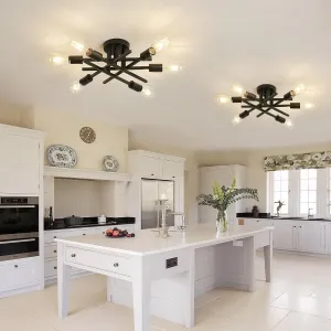 ASGYISA 6-Lights Semi Flush Mount Ceiling Light Fixture 2-Pack Black Vintage Matte Sputnik Chandelier Ceiling Lamp for Farmhouse Dining Room Living Room Bedroom Kitchen Entryway