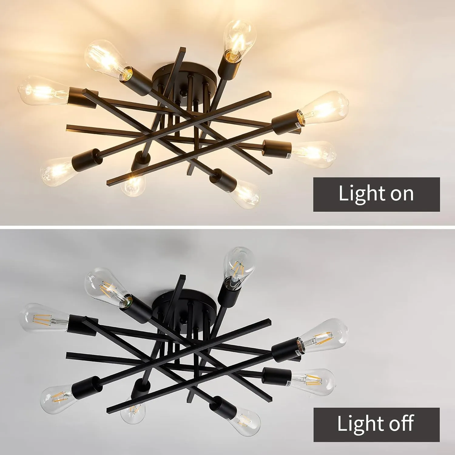 ASGYISA 8-Lights Semi Flush Mount Ceiling Light Fixture，Modern Black Vintage Metal Sputnik Chandelier， Ceiling Lamp for Bedroom Kitchen Dining Room Living Room with E26 Bulb Base