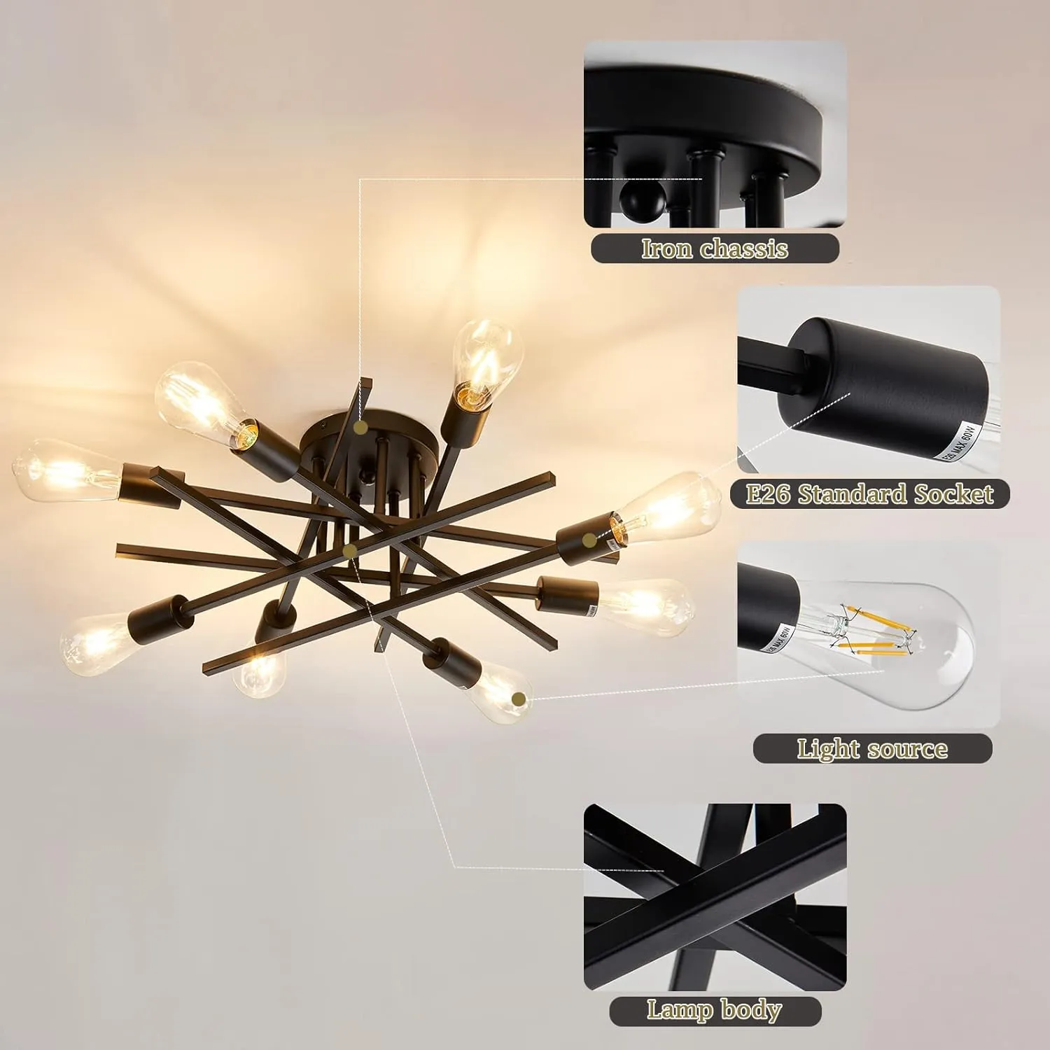 ASGYISA 8-Lights Semi Flush Mount Ceiling Light Fixture，Modern Black Vintage Metal Sputnik Chandelier， Ceiling Lamp for Bedroom Kitchen Dining Room Living Room with E26 Bulb Base
