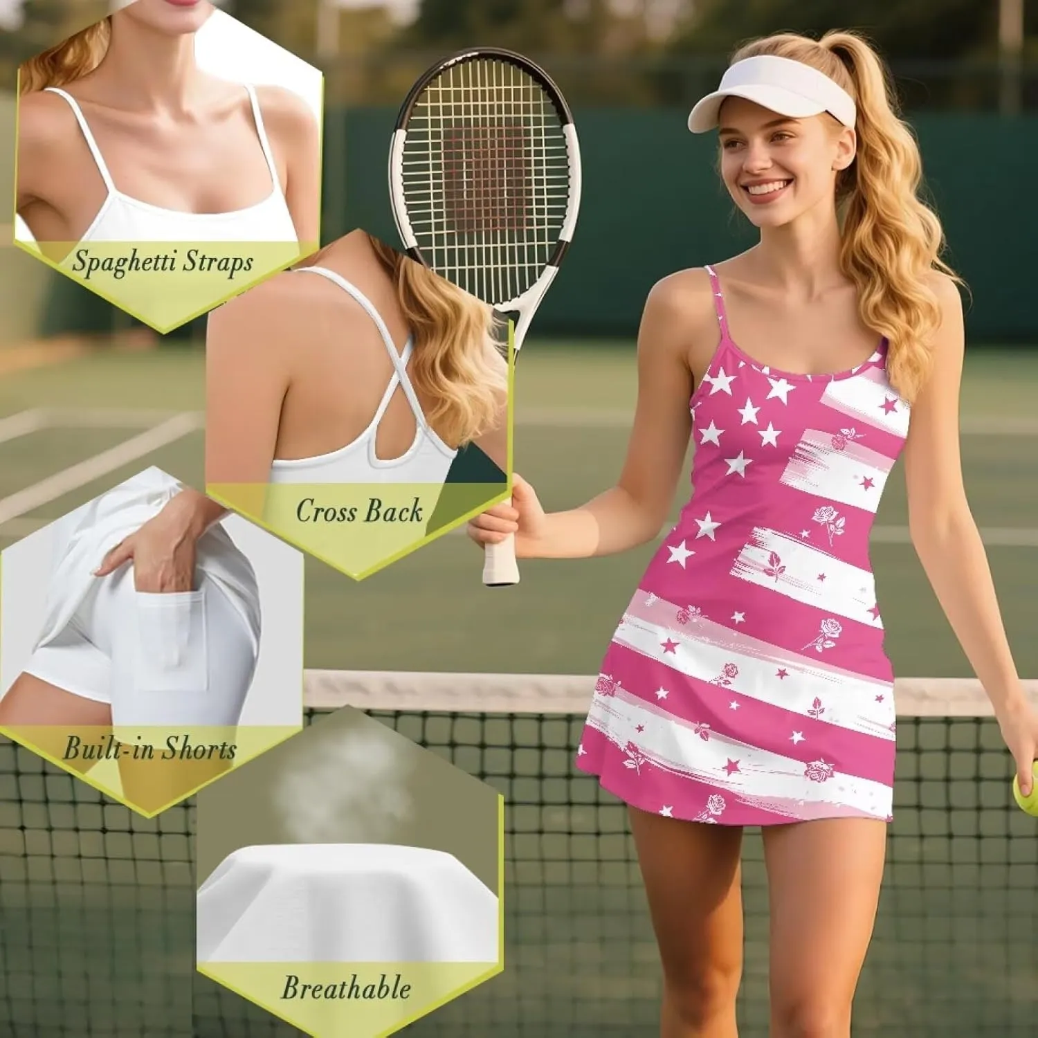 Athletic Dress for Women Tennis Spaghetti Strap Mini Dress with Built-in Shorts 2 Pockets