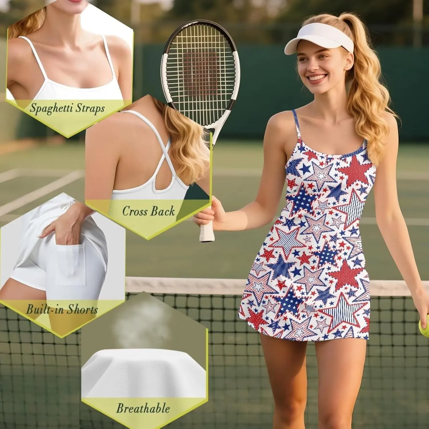 Athletic Dress for Women Tennis Spaghetti Strap Mini Dress with Built-in Shorts 2 Pockets
