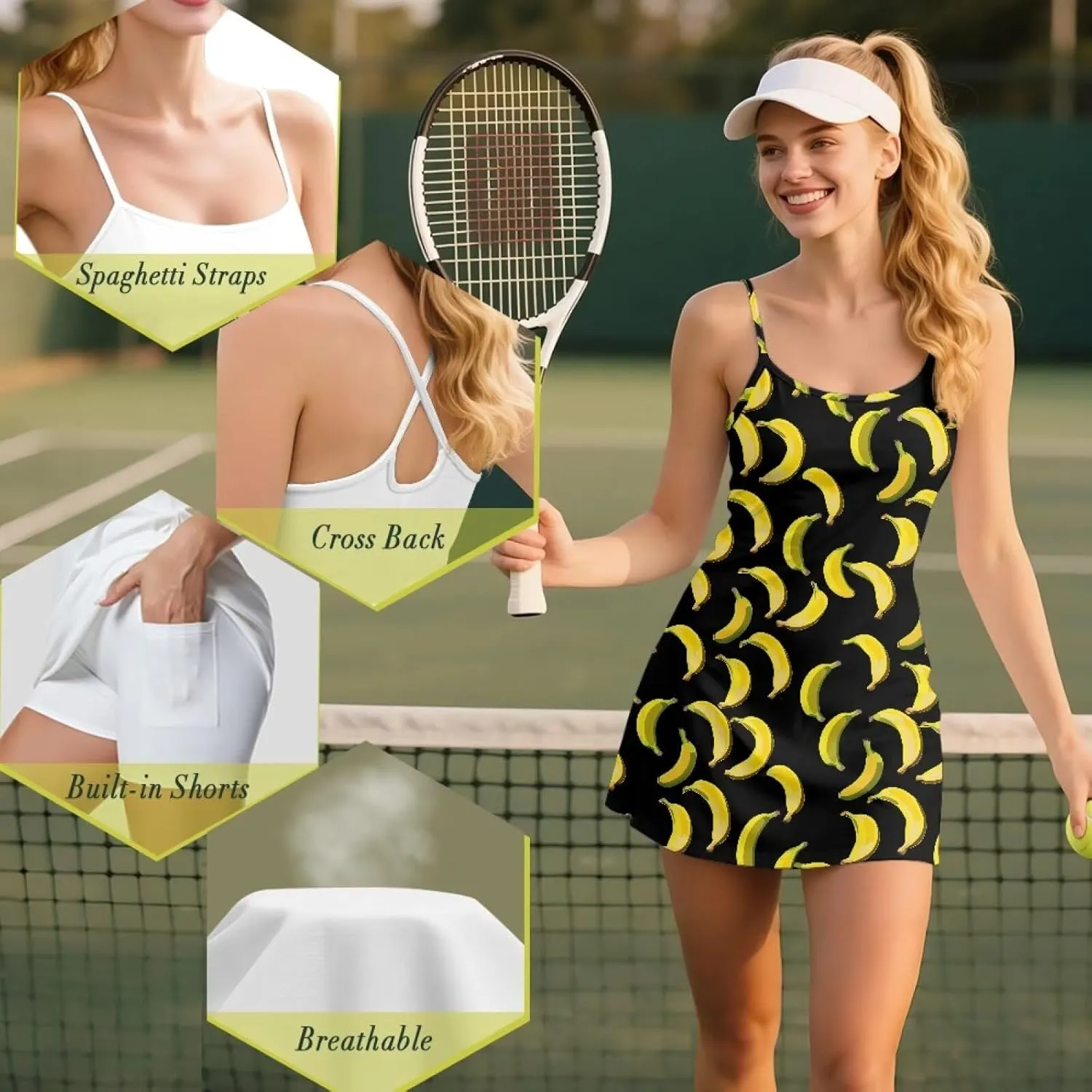 Athletic Dress for Women Tennis Spaghetti Strap Mini Dress with Built-in Shorts 2 Pockets
