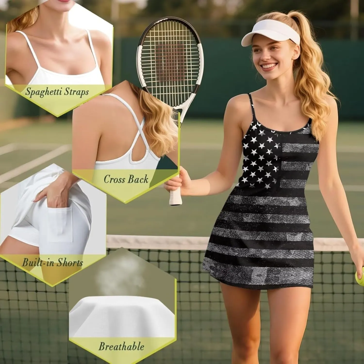 Athletic Dress for Women Tennis Spaghetti Strap Mini Dress with Built-in Shorts Casual Sports Activewear