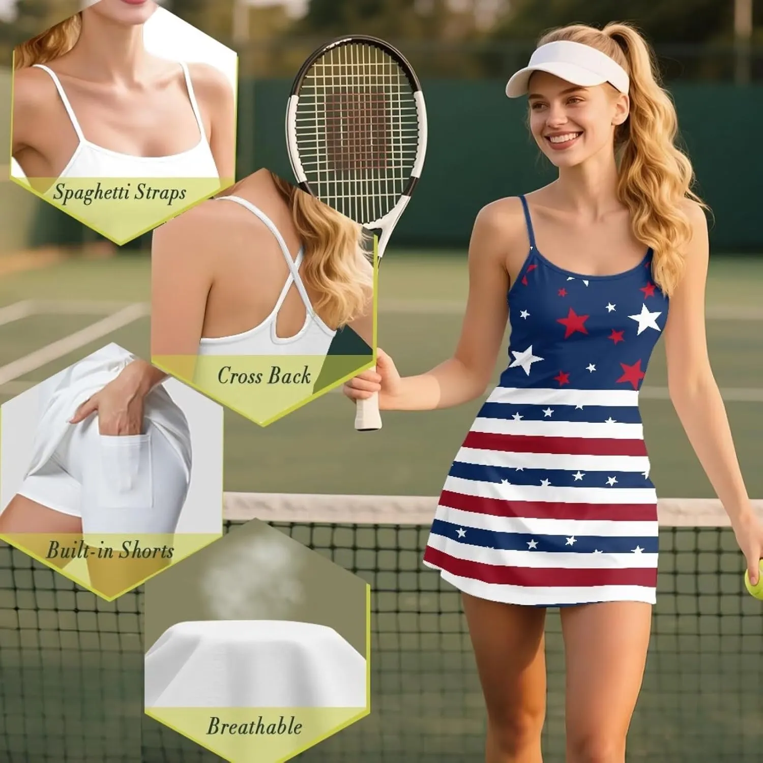 Athletic Dress for Women Tennis Spaghetti Strap Mini Dress with Built-in Shorts Casual Sports Activewear