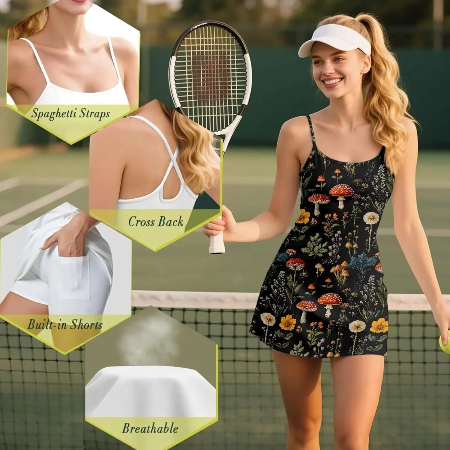 Athletic Dress for Women Tennis Spaghetti Strap Mini Dress with Built-in Shorts Casual Sports Activewear