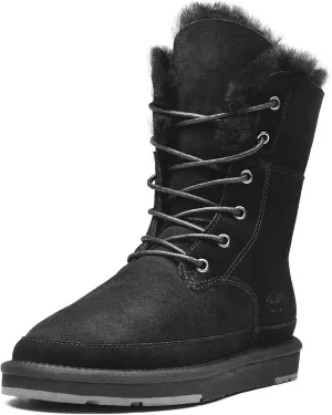 AU&MU Womens Sheepskin Fur Classic Lace up Mid Calf Flat Fur Winter Snow Boot Black Size 9