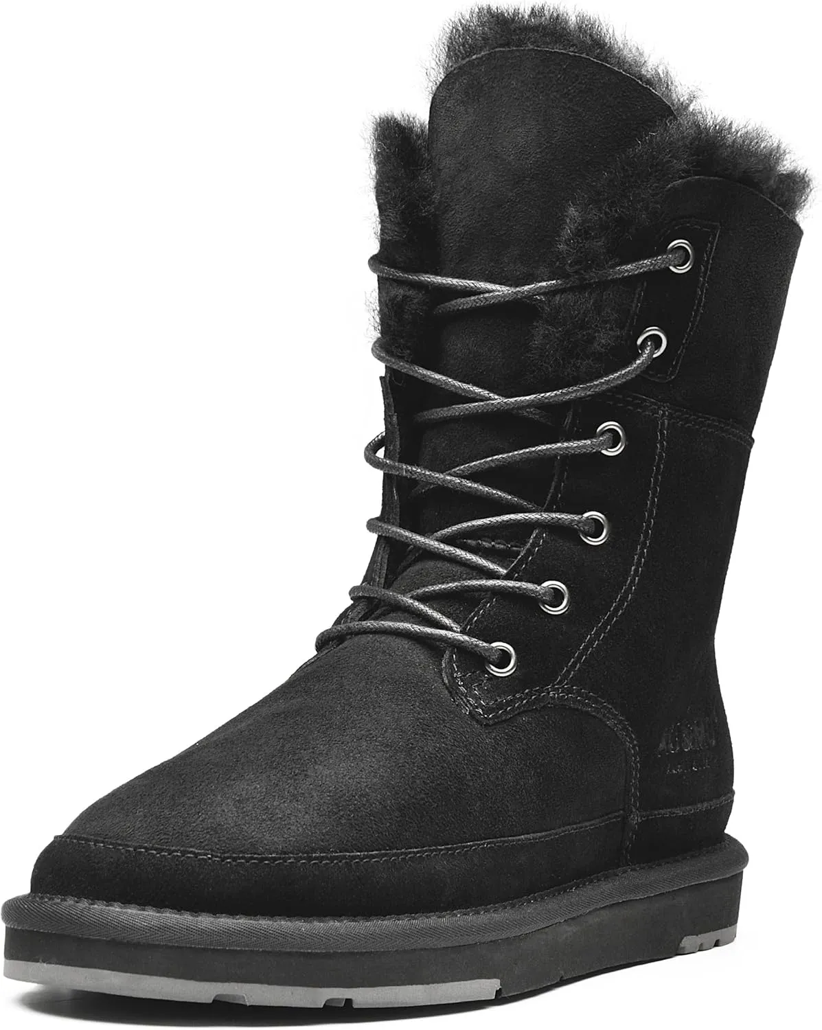 AU&MU Womens Sheepskin Fur Classic Lace up Mid Calf Flat Fur Winter Snow Boot Black Size 9