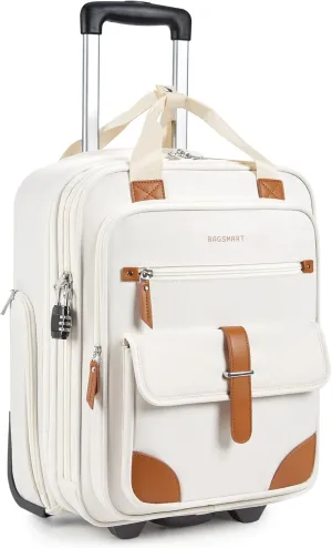BAGSMART Carry on Luggage with Wheels, 16-inch Underseat Travel Suitcase Airline approved, Lightweight Softside Carry-on Luggage for Airplanes Women Overnight Rolling Bags for Short Trip, Light Beige
