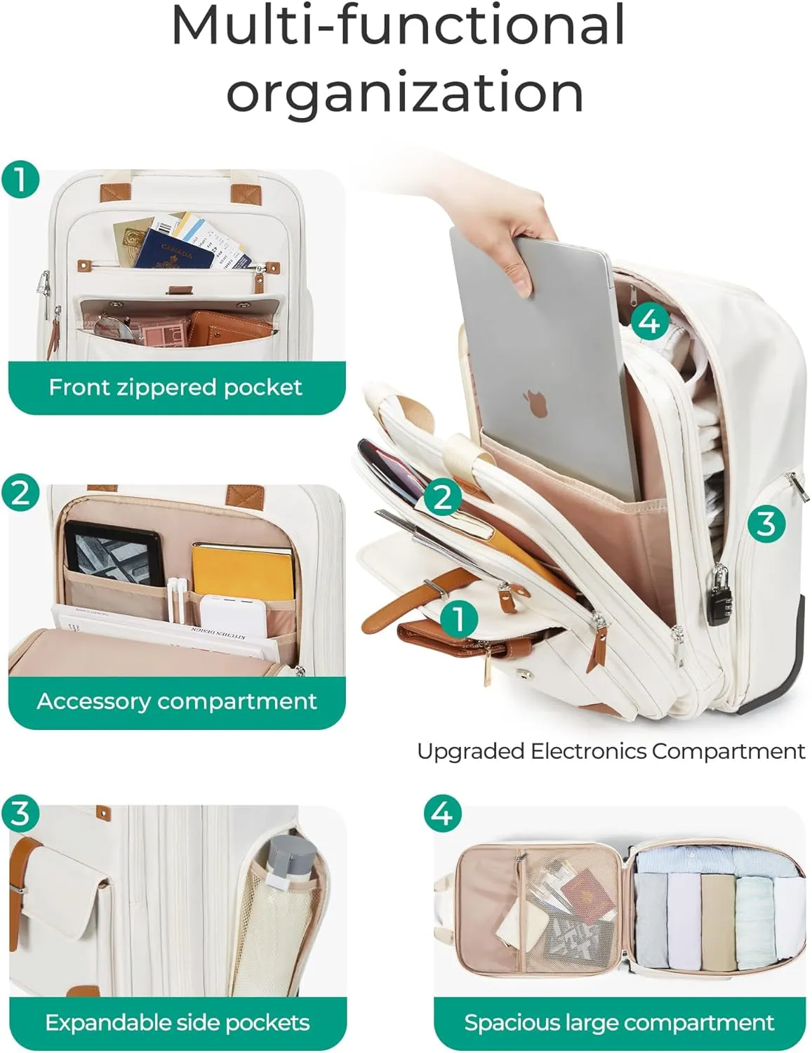 BAGSMART Carry on Luggage with Wheels, 16-inch Underseat Travel Suitcase Airline approved, Lightweight Softside Carry-on Luggage for Airplanes Women Overnight Rolling Bags for Short Trip, Light Beige