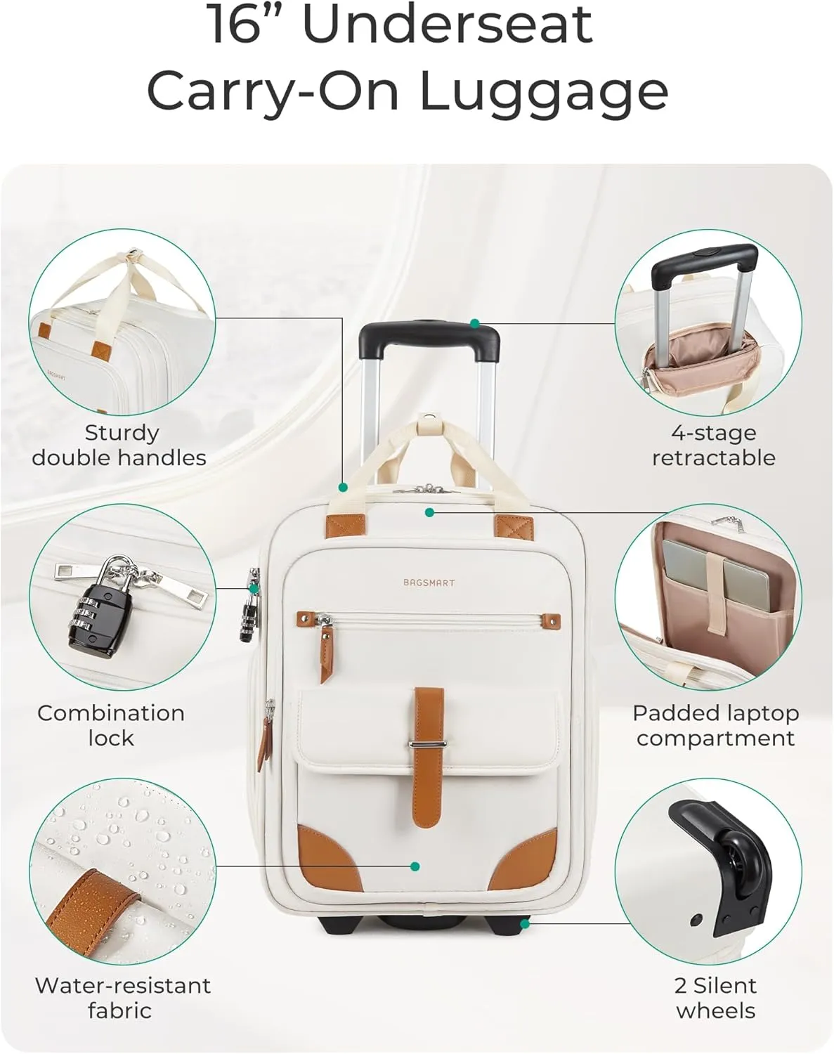 BAGSMART Carry on Luggage with Wheels, 16-inch Underseat Travel Suitcase Airline approved, Lightweight Softside Carry-on Luggage for Airplanes Women Overnight Rolling Bags for Short Trip, Light Beige