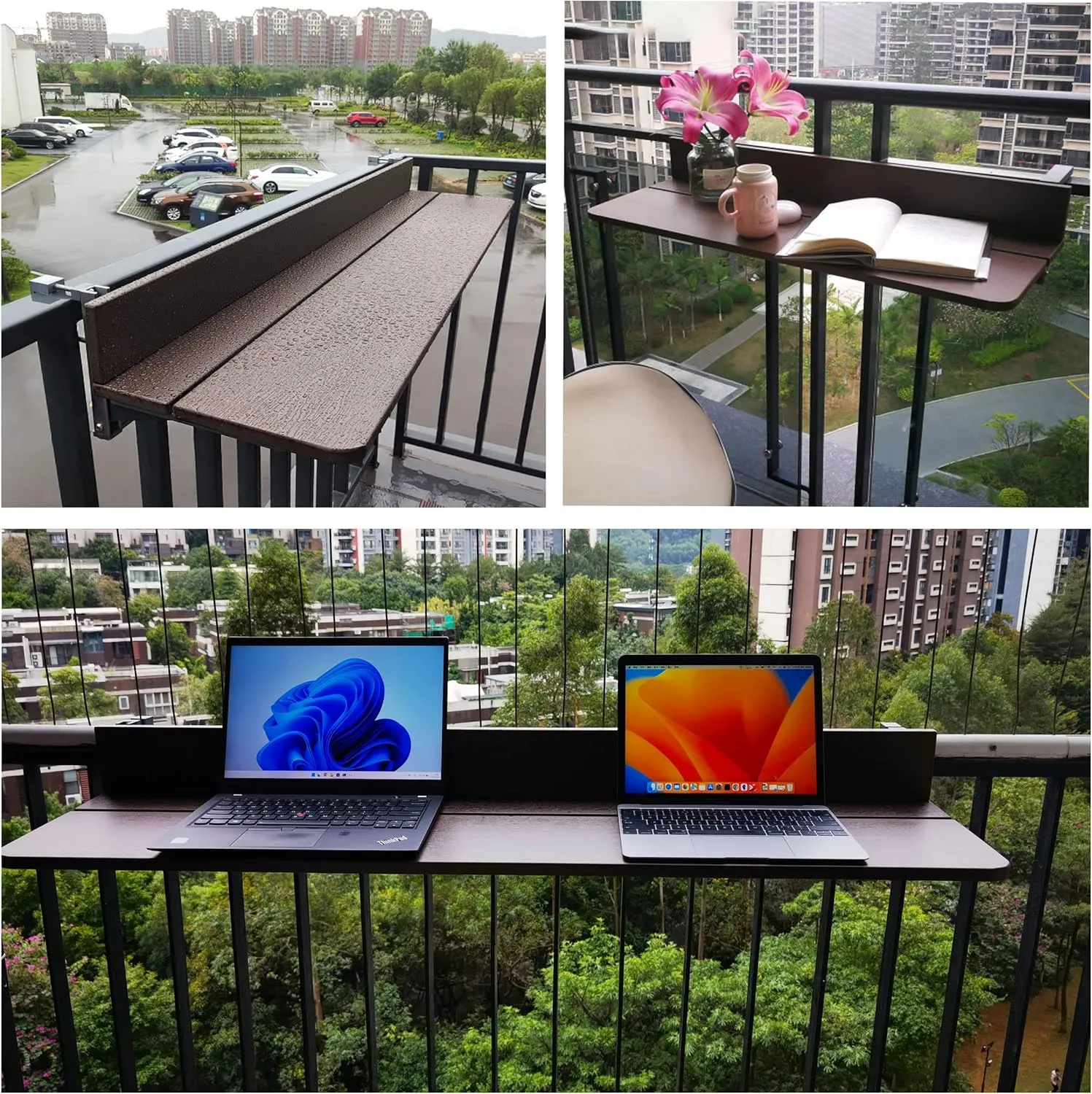 Balcony Table Bar for Railing, Outdoor Deck Rail Hanging Table, Adjustable Height Small Folding Desk for Patio, Saving Space Foldable Balcony Bar for Garden
