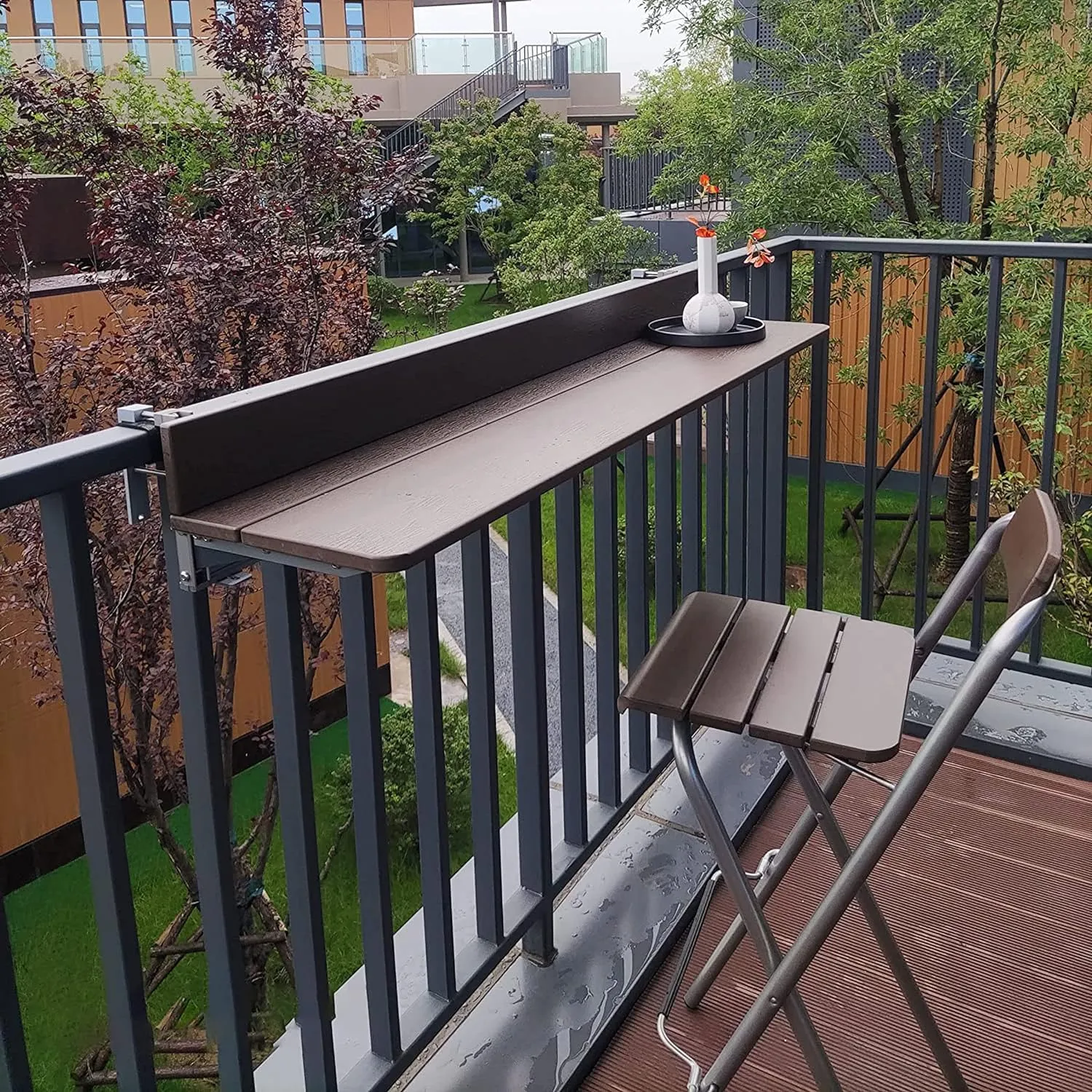 Balcony Table Bar for Railing, Outdoor Deck Rail Hanging Table, Adjustable Height Small Folding Desk for Patio, Saving Space Foldable Balcony Bar for Garden