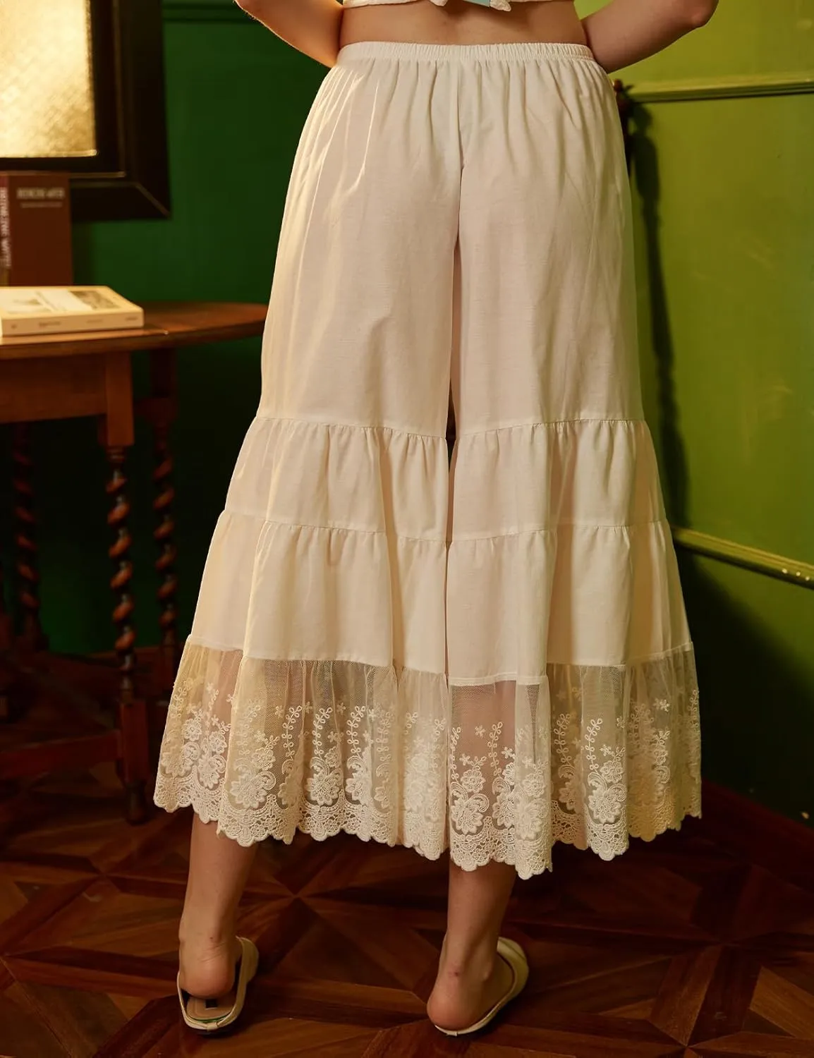 BEAUTELICATE Women Cotton Batiste Culotte Slip Pettipants Lace Trim Vintage Wide Leg Half Slip