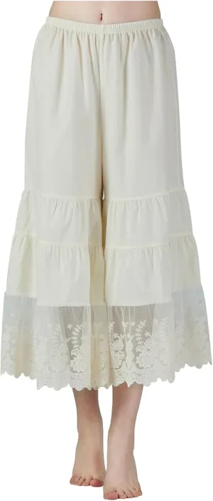 BEAUTELICATE Women Cotton Batiste Culotte Slip Pettipants Lace Trim Vintage Wide Leg Half Slip