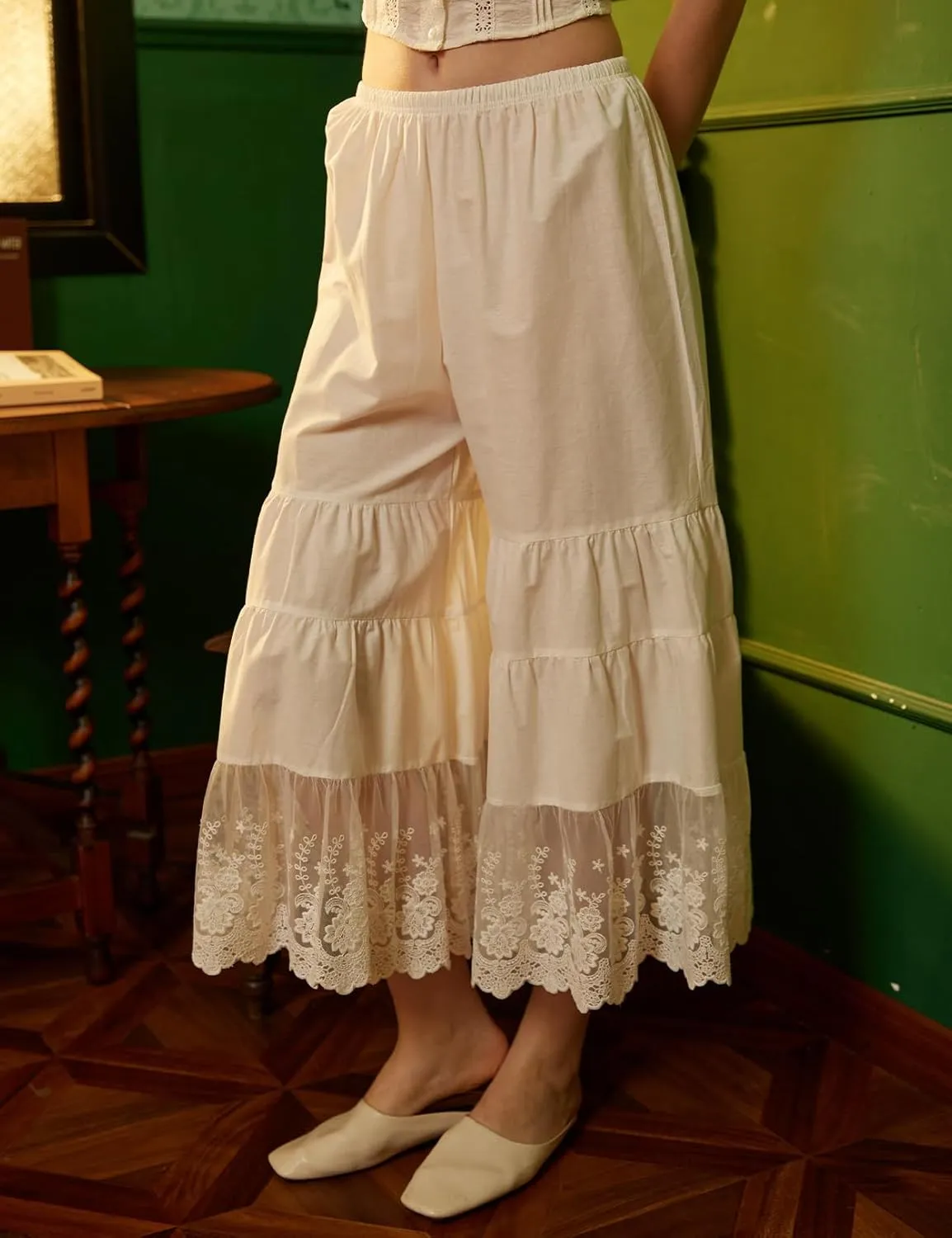 BEAUTELICATE Women Cotton Batiste Culotte Slip Pettipants Lace Trim Vintage Wide Leg Half Slip