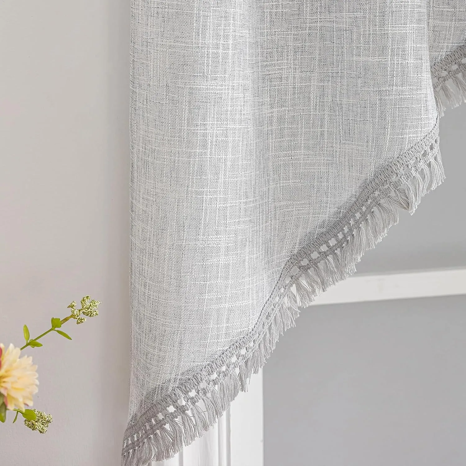 Beda Home Tassel Linen Textured Swag Valances for Farmhouses’ Kitchen; Rustic Short Swag Topper for Small Windows Bedroom Privacy Added Rod Pocket Design, Light Grey, 36 x63 inch, 1 Pair