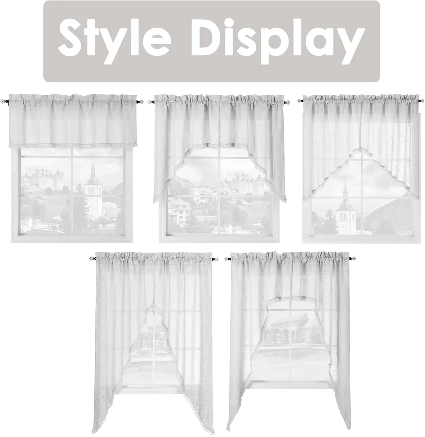 Beda Home Tassel Linen Textured Swag Valances for Farmhouses’ Kitchen; Rustic Short Swag Topper for Small Windows Bedroom Privacy Added Rod Pocket Design, Light Grey, 36 x63 inch, 1 Pair