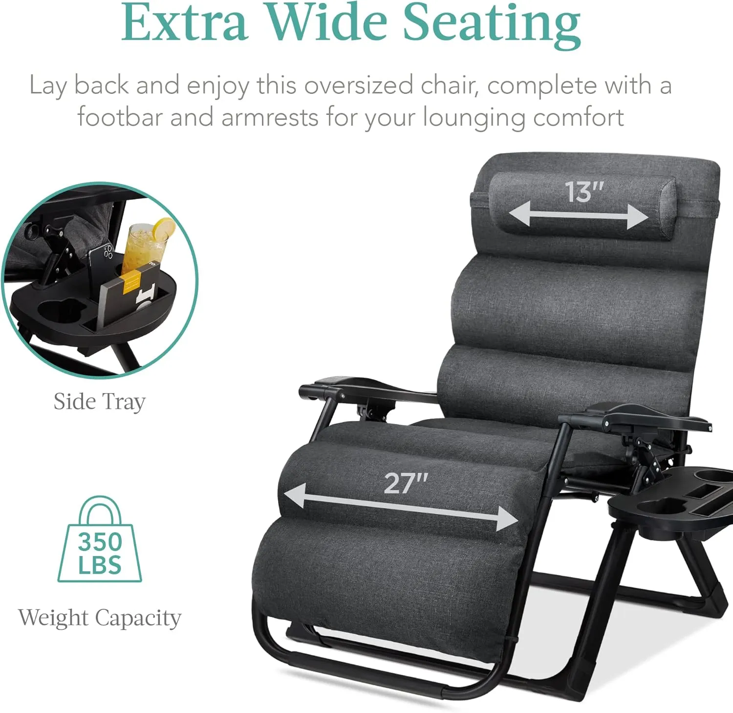 Best Choice Products Oversized Zero Gravity Chair, Folding Outdoor Patio Recliner, XL Anti Gravity Lounger w/Removable Cushion, Cup Holder, Side Tray, 350lb Capacity - Fossil Gray