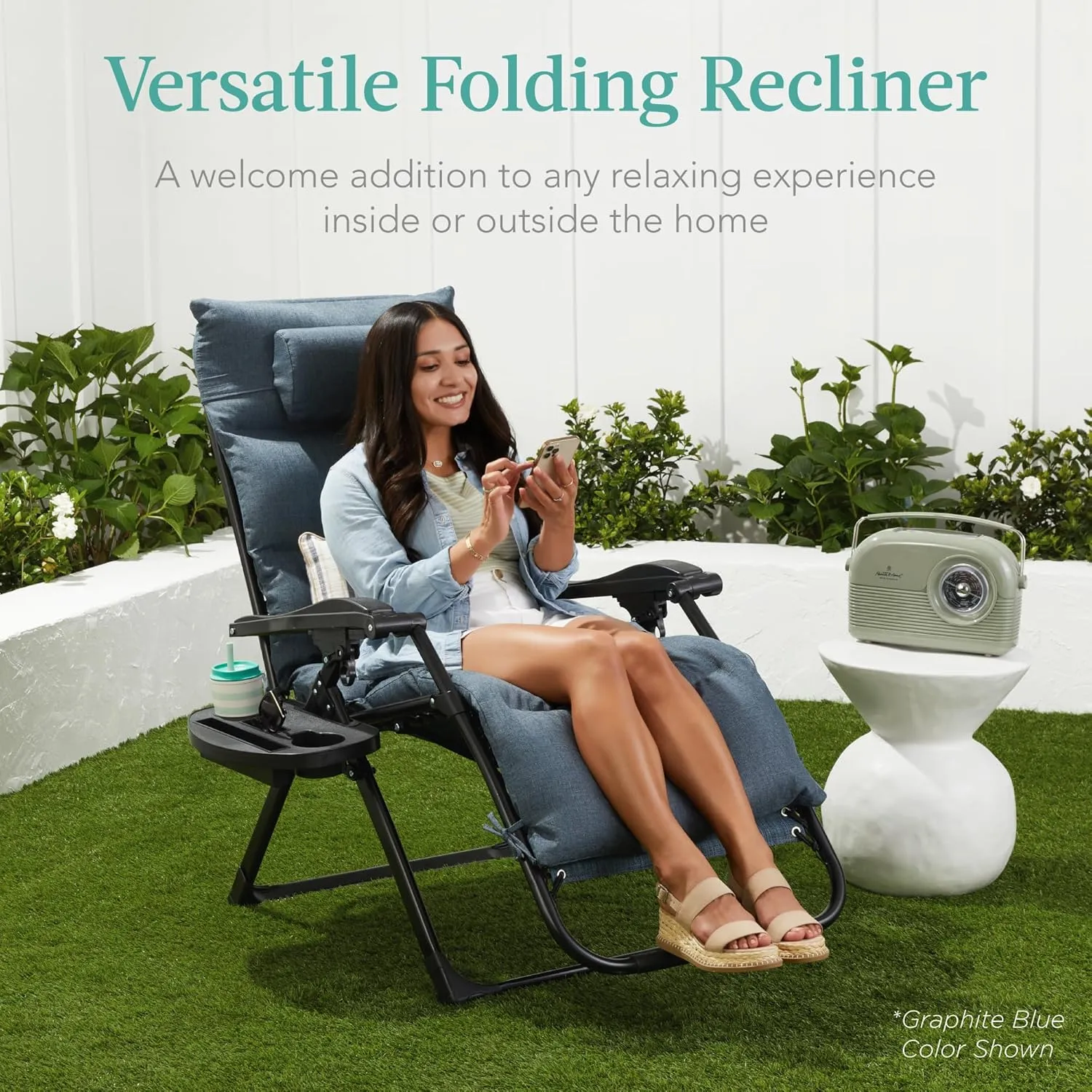 Best Choice Products Oversized Zero Gravity Chair, Folding Outdoor Patio Recliner, XL Anti Gravity Lounger w/Removable Cushion, Cup Holder, Side Tray, 350lb Capacity - Fossil Gray