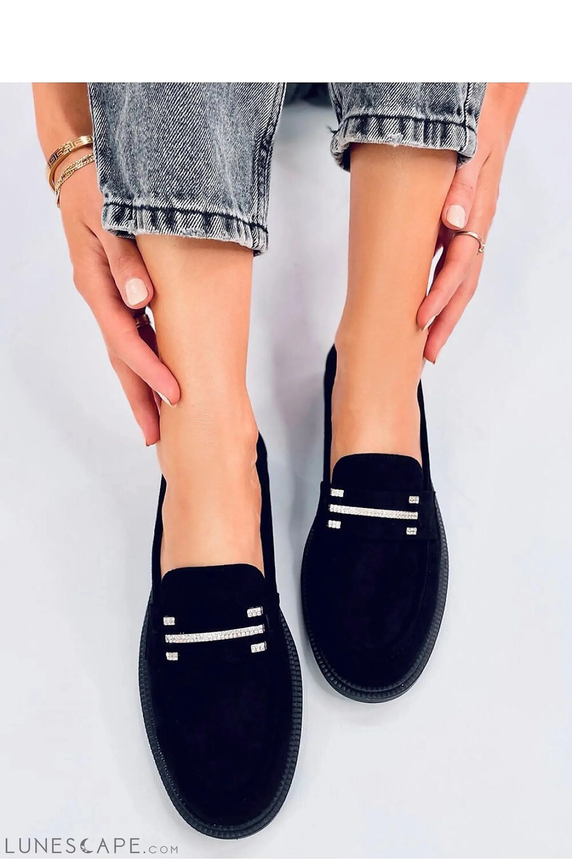 Black Eco-Suede Women’s Loafers with Crystal Bar Detail