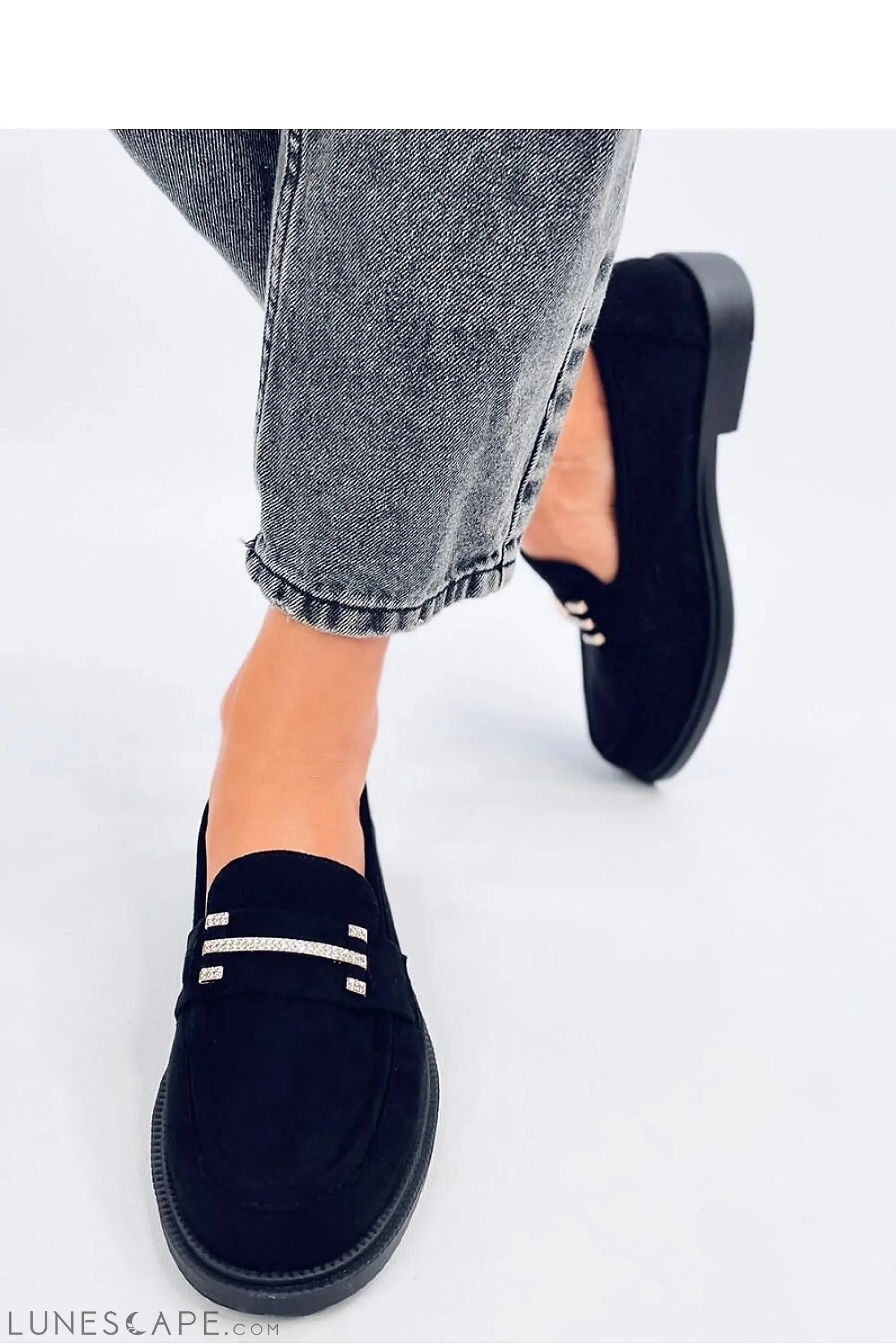 Black Eco-Suede Women’s Loafers with Crystal Bar Detail