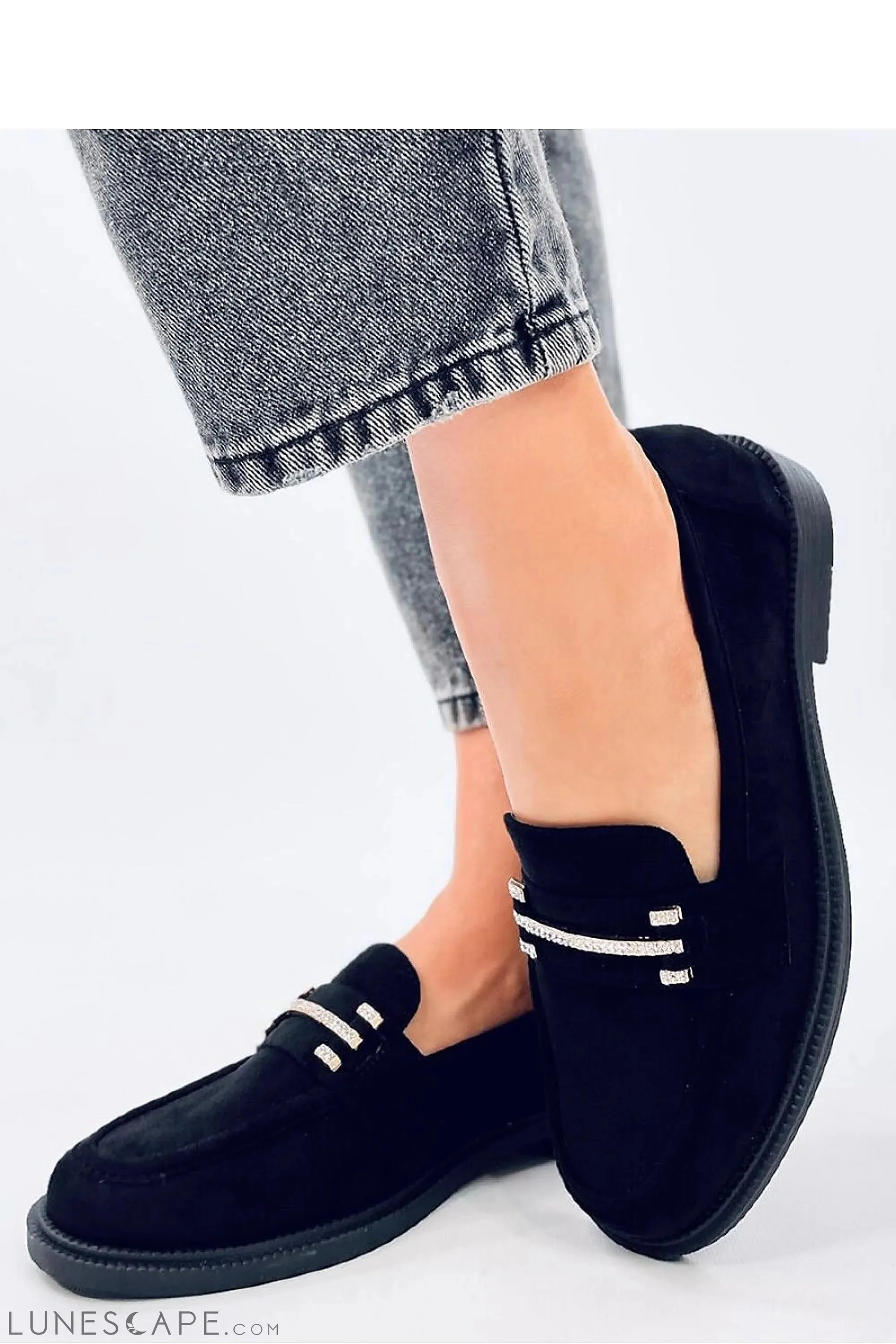 Black Eco-Suede Women’s Loafers with Crystal Bar Detail