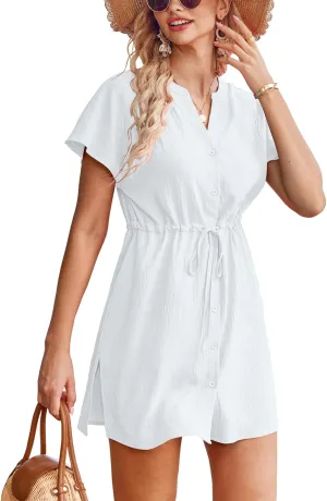 Bluetime Women Swimsuit Cover Ups Button Down Bathing Suit Coverups Beachwear Flowy V Neck Summer Dress