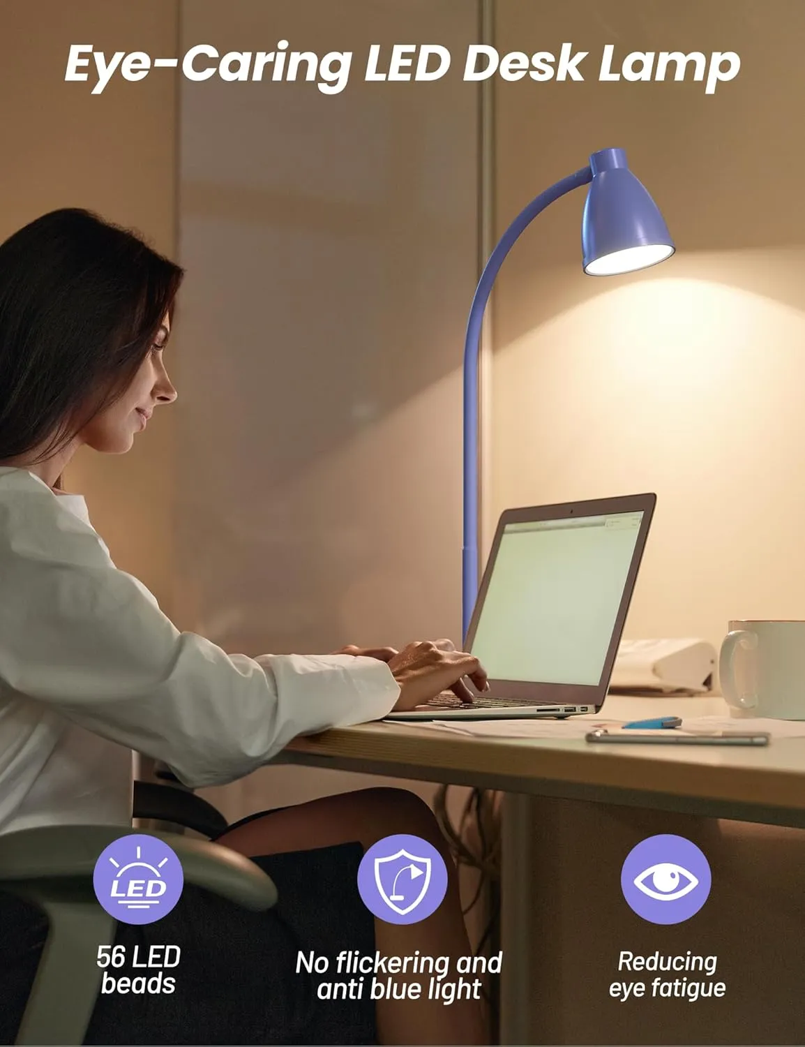 BOHON LED Desk Lamp with USB Charging Port, 3 Color Modes Fully Dimmable Reading Lamp, Auto Dimming Task Lamp, Flexible Gooseneck Table Light for Office Dorm Bedside, Adapter Include, Lilac Purple