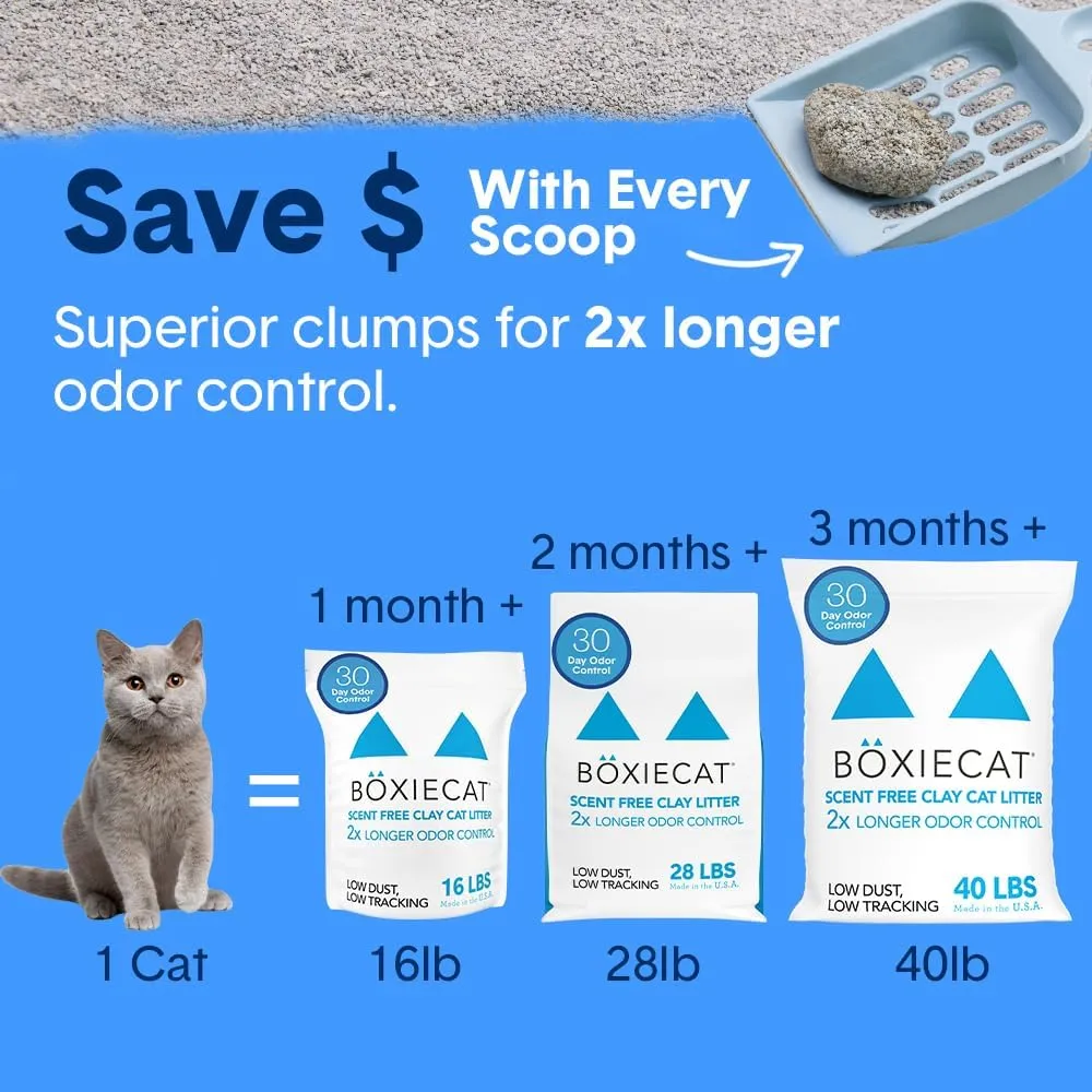 Boxie® Unscented 30 Day Odour Control Clumping Clay Cat & Kitty Litter 28 lb, 99.9% Dust-Free, Hard Flat Top® Clumps, No Fragrances No Fillers, Long-Lasting, Easy to Scoop