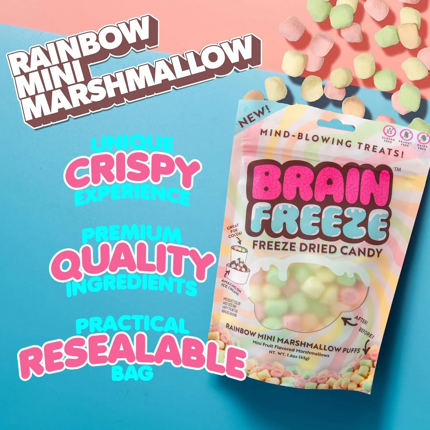Brain Freeze Mini Marshmallow Puffs – 4 Pack | Irresistible Flavors, Crispy Treats, Premium Quality Ingredients, Resealable Bag for Freshness