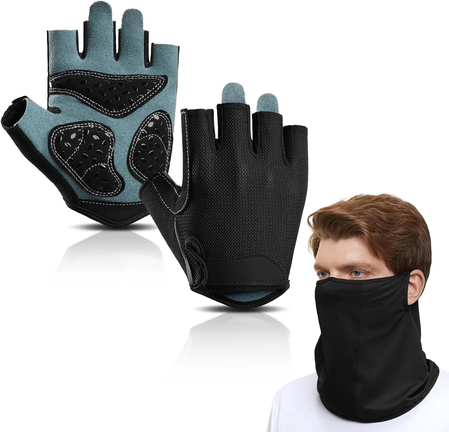 Braventure Breathable Mens Cycling Gloves: Bike Gloves Half Mask Set, Shock-Absorbing Padded, Fingerless with Extra Grip for Biking Workout Weightlifting Training