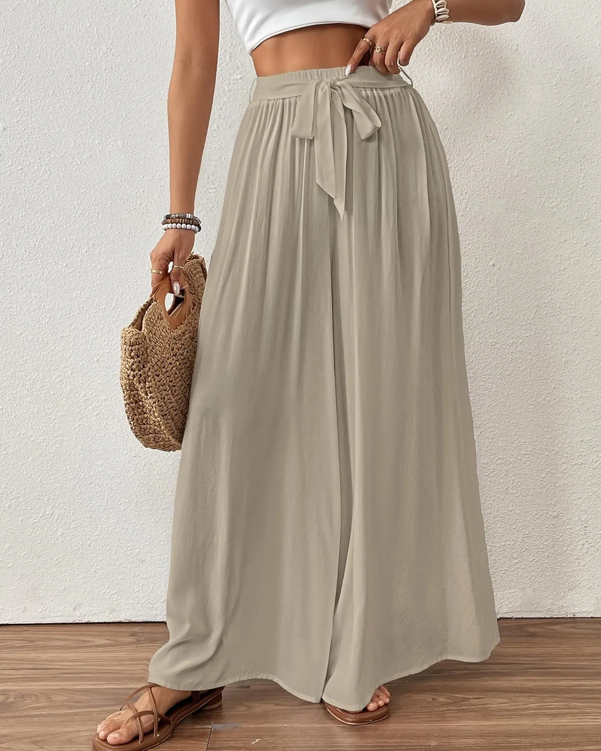 Bsubseach Wide Leg Pants Woman Flowy Floral Palazzo Pants for Women High Waisted Summer Casual Trousers Cruise Outfits