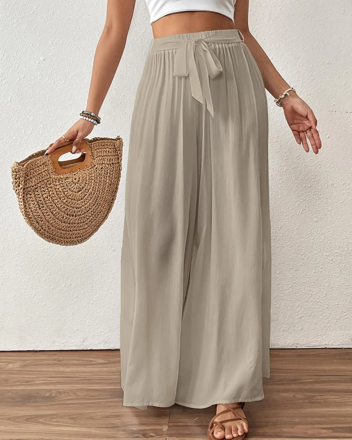 Bsubseach Wide Leg Pants Woman Flowy Floral Palazzo Pants for Women High Waisted Summer Casual Trousers Cruise Outfits
