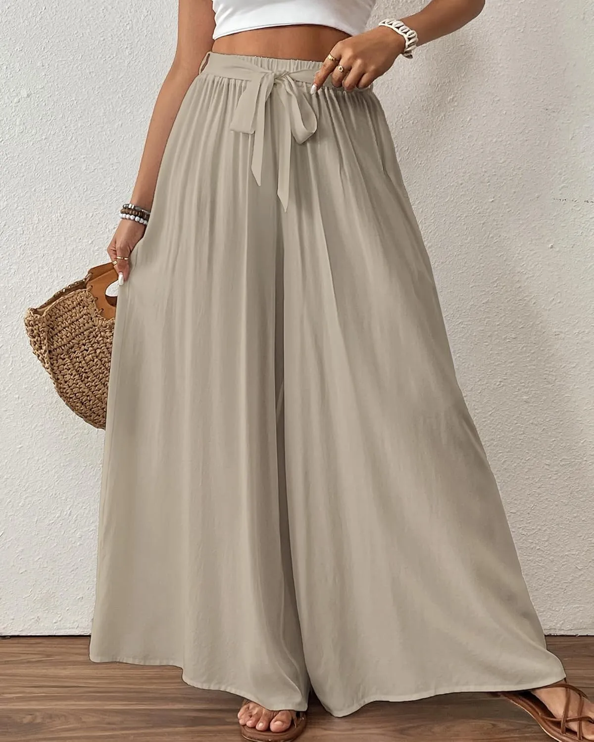 Bsubseach Wide Leg Pants Woman Flowy Floral Palazzo Pants for Women High Waisted Summer Casual Trousers Cruise Outfits