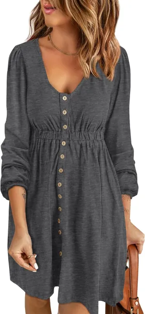 BTFBM Women 2025 Casual Button Down Summer Spring Dresses Long Sleeve Crew Neck Solid High Waist Short Tunic Mini Dress