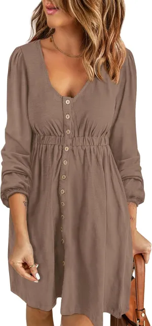 BTFBM Women 2025 Casual Button Down Summer Spring Dresses Long Sleeve Crew Neck Solid High Waist Short Tunic Mini Dress