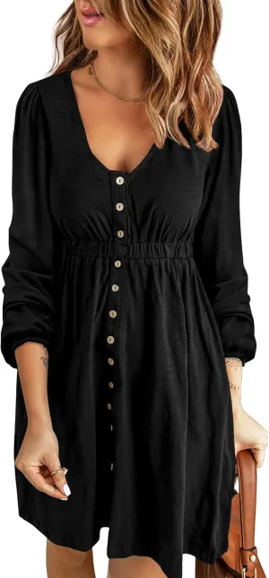 BTFBM Women 2025 Casual Button Down Summer Spring Dresses Long Sleeve Crew Neck Solid High Waist Short Tunic Mini Dress