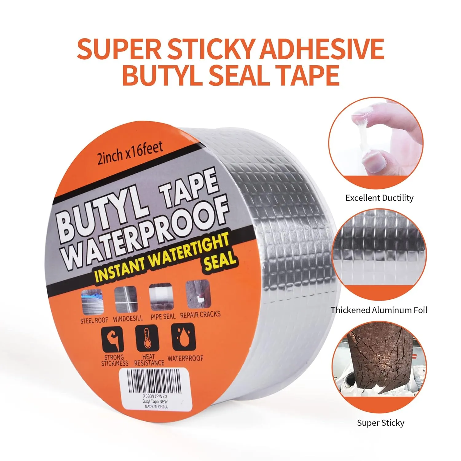 Butyl Tape Waterproof Sealing Tape Aluminum Foil Tape, for RV Repair, Window, Silicone, Glass & EDPM Roof Leak Patching, Boat and Pipe Sealing, Silver, 2inch x16feet