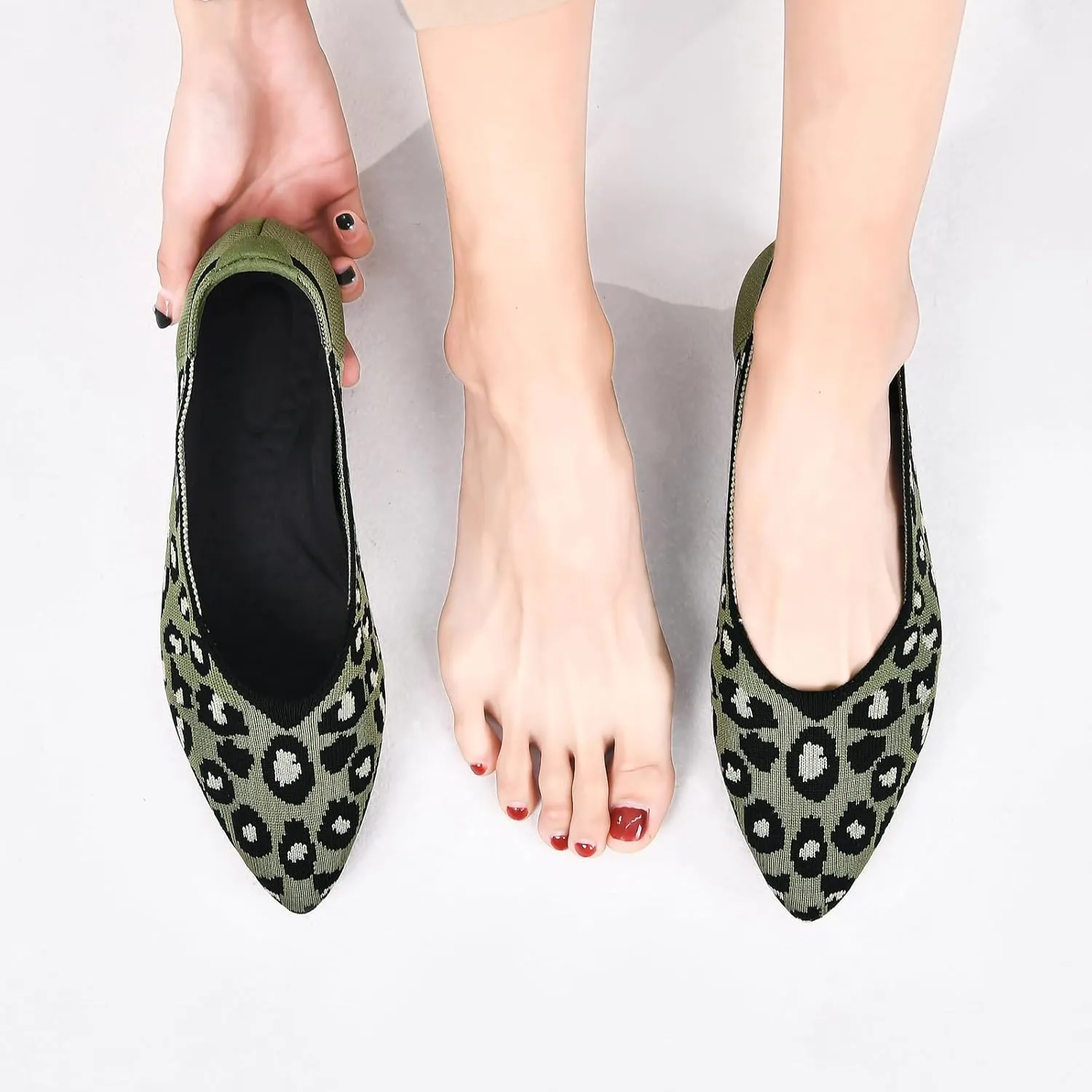 Buyrew Women's Flats Pointed Toe Ballet Shoes Knit Dress Shoes Low Wedge Slip On Arch Support Walking Office Business Flats