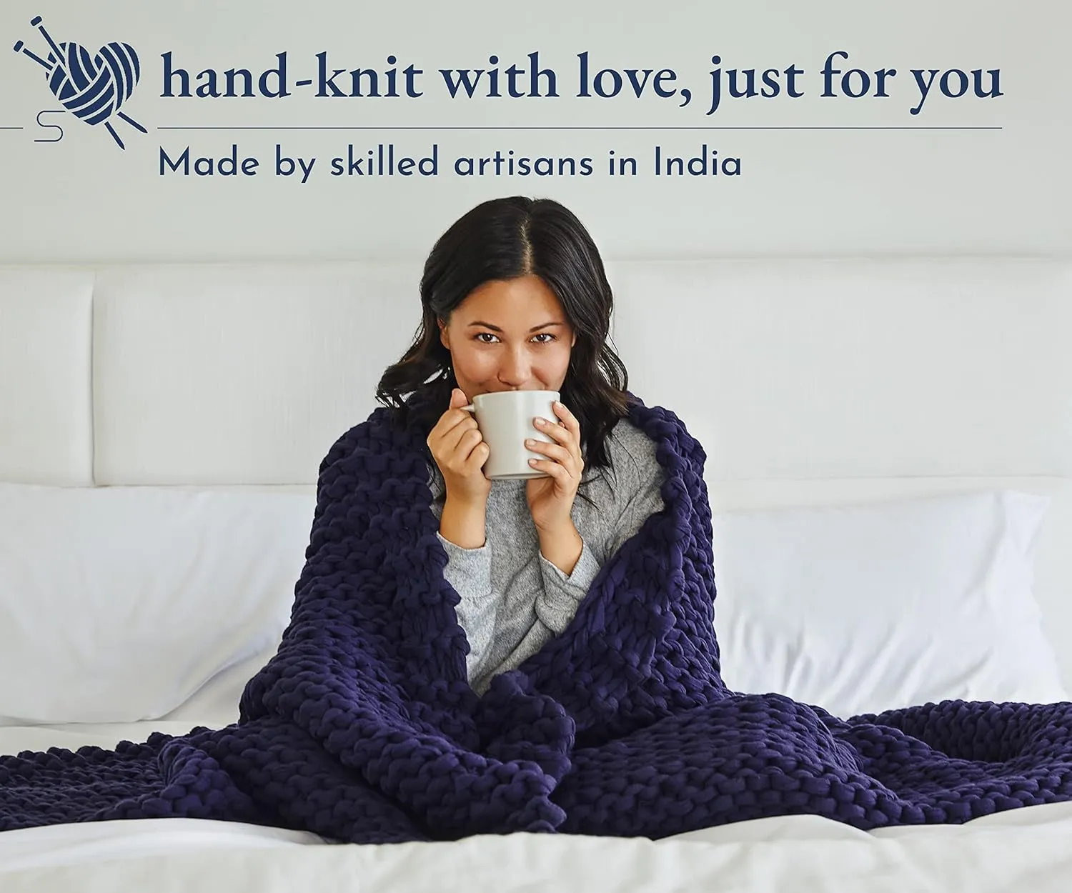 California Design Den 100% Cotton Handmade Chunky Knit Weighted Blanket 15 Pounds, 100% Cotton No Fillers, Breathable, Soft & Calming, All-Season Evenly Weighted Throw (Blue)