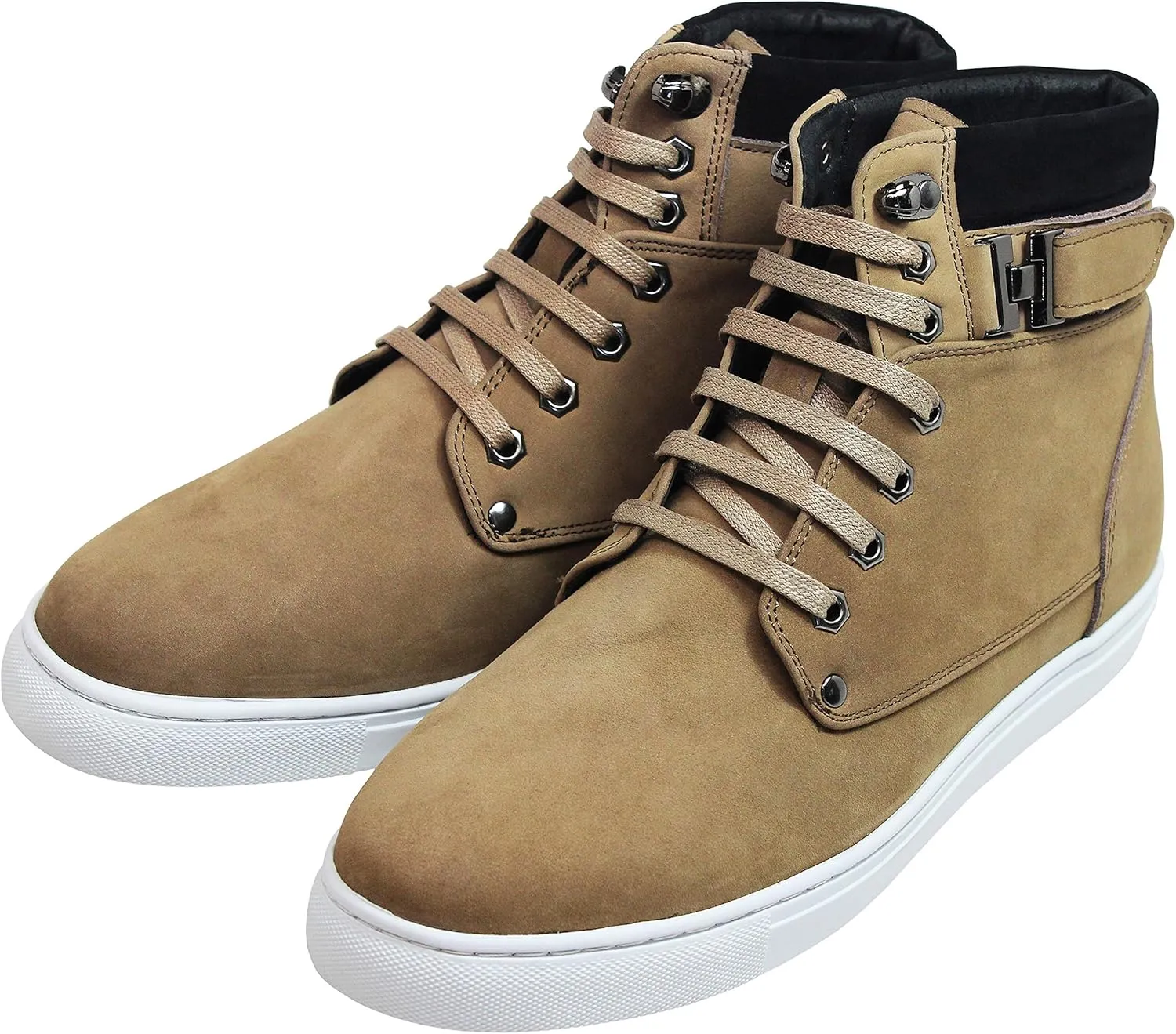 CALTO Men's Invisible Height Increasing Elevator Shoes - Tan Brown Nubuck Leather Lace-up Fashion Sneakers - 2.6 Inches Taller - T53121 - Size 9 D(M) US