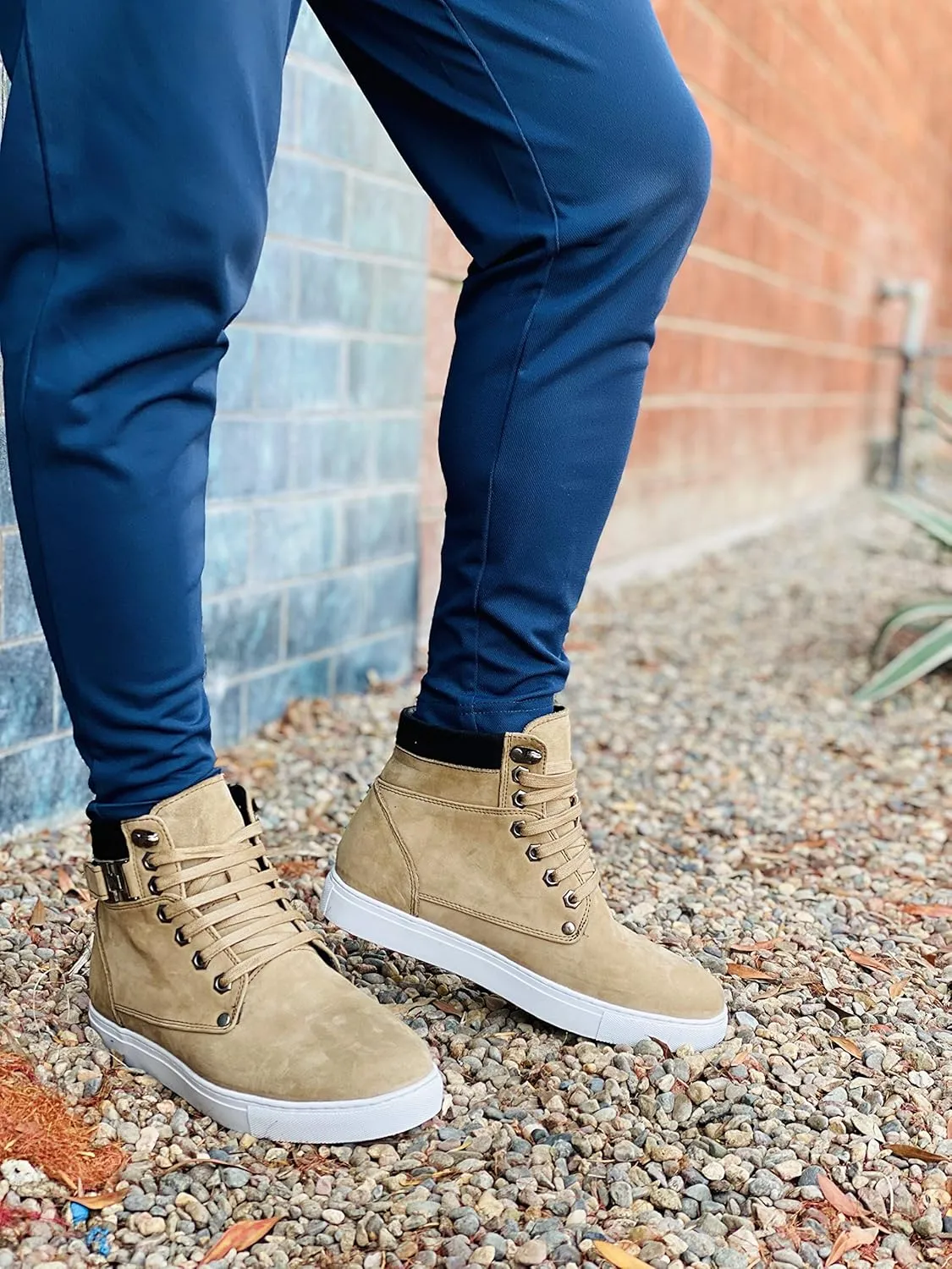 CALTO Men's Invisible Height Increasing Elevator Shoes - Tan Brown Nubuck Leather Lace-up Fashion Sneakers - 2.6 Inches Taller - T53121 - Size 9 D(M) US