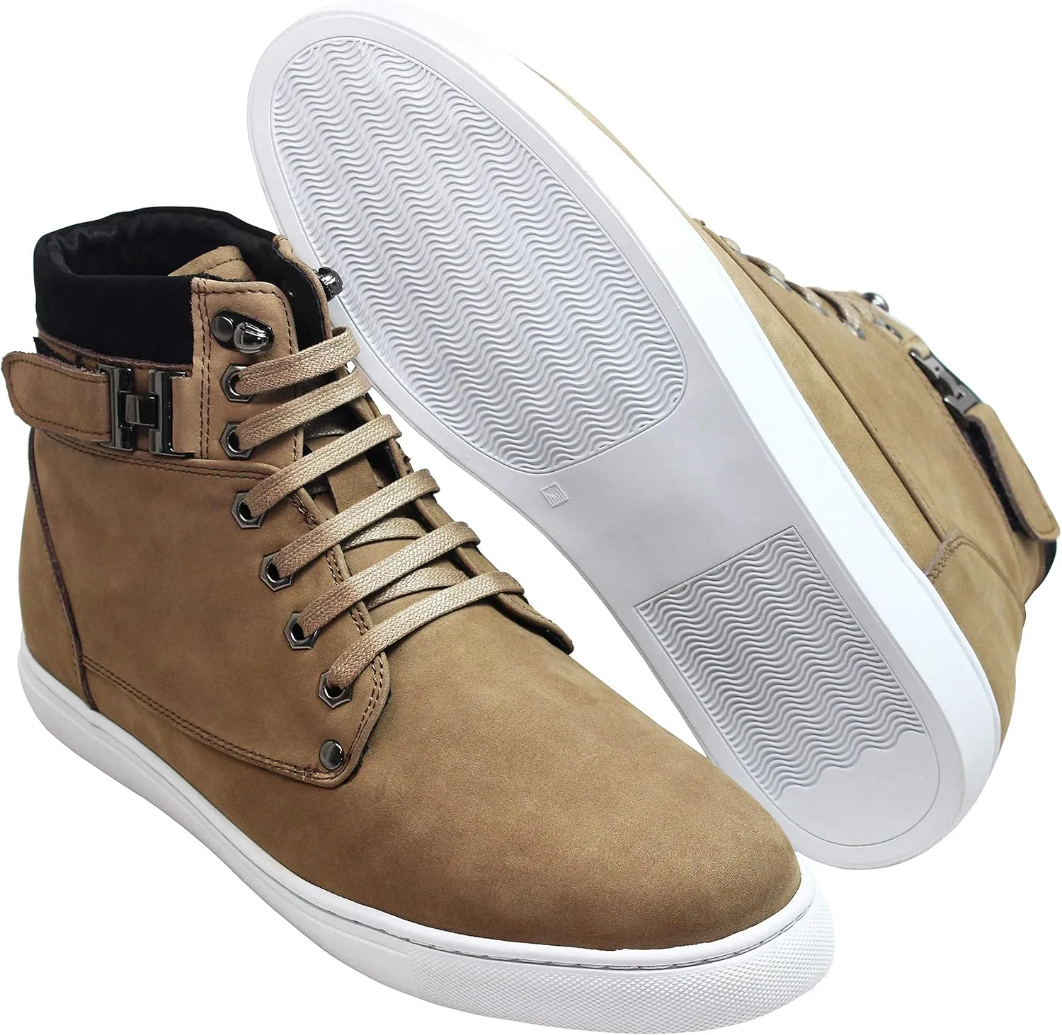 CALTO Men's Invisible Height Increasing Elevator Shoes - Tan Brown Nubuck Leather Lace-up Fashion Sneakers - 2.6 Inches Taller - T53121 - Size 9 D(M) US