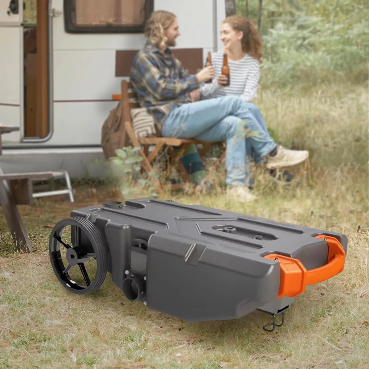 Camco Rhino 36-Gallon Camper/RV Tote Tank - Features Large Heavy-Duty No-Flat Wheels & Built-In Gate Valve - Removable Steel Tow Adapter, 3’ Sewer Hose & More RV Accessories (39006)