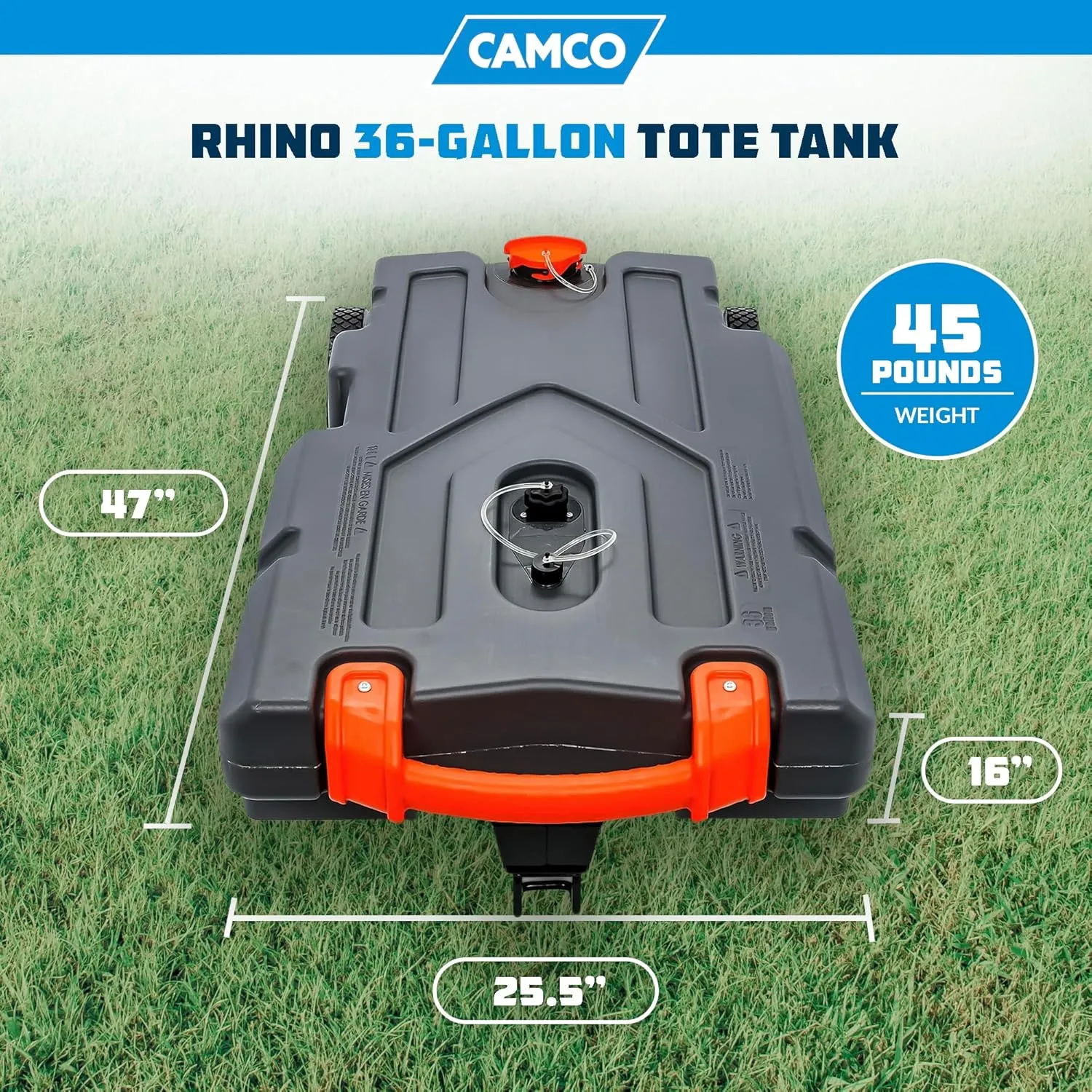 Camco Rhino 36-Gallon Camper/RV Tote Tank - Features Large Heavy-Duty No-Flat Wheels & Built-In Gate Valve - Removable Steel Tow Adapter, 3’ Sewer Hose & More RV Accessories (39006)