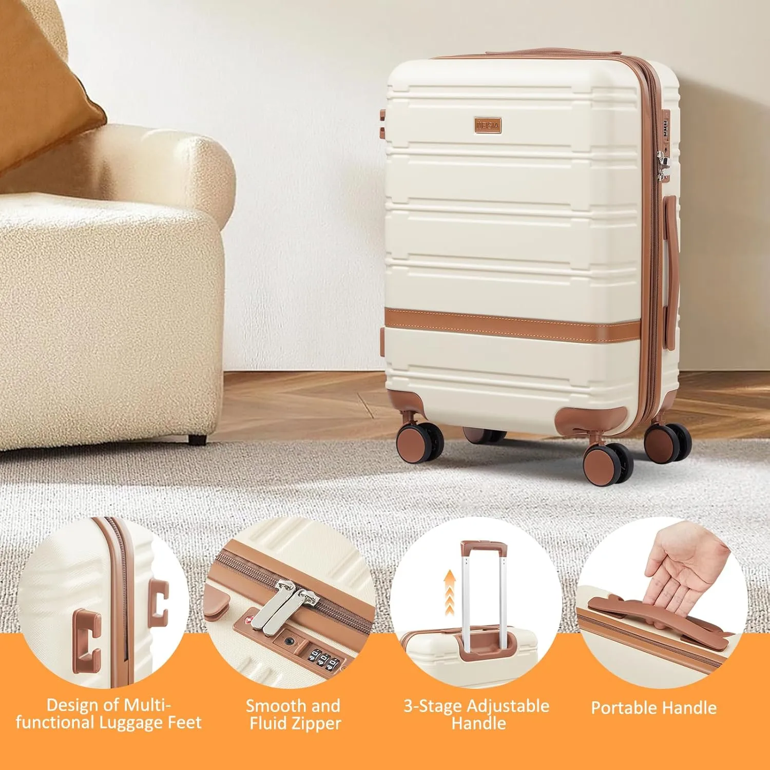 carry on Luggage Sets,20 Inch Expandable Carry-on suitcases with spinner wheels,Hard Shell Travel Luggage airline approved，with TSA Lock (Beige)