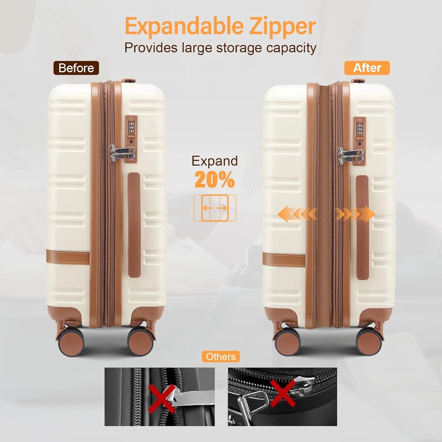 carry on Luggage Sets,20 Inch Expandable Carry-on suitcases with spinner wheels,Hard Shell Travel Luggage airline approved，with TSA Lock (Beige)