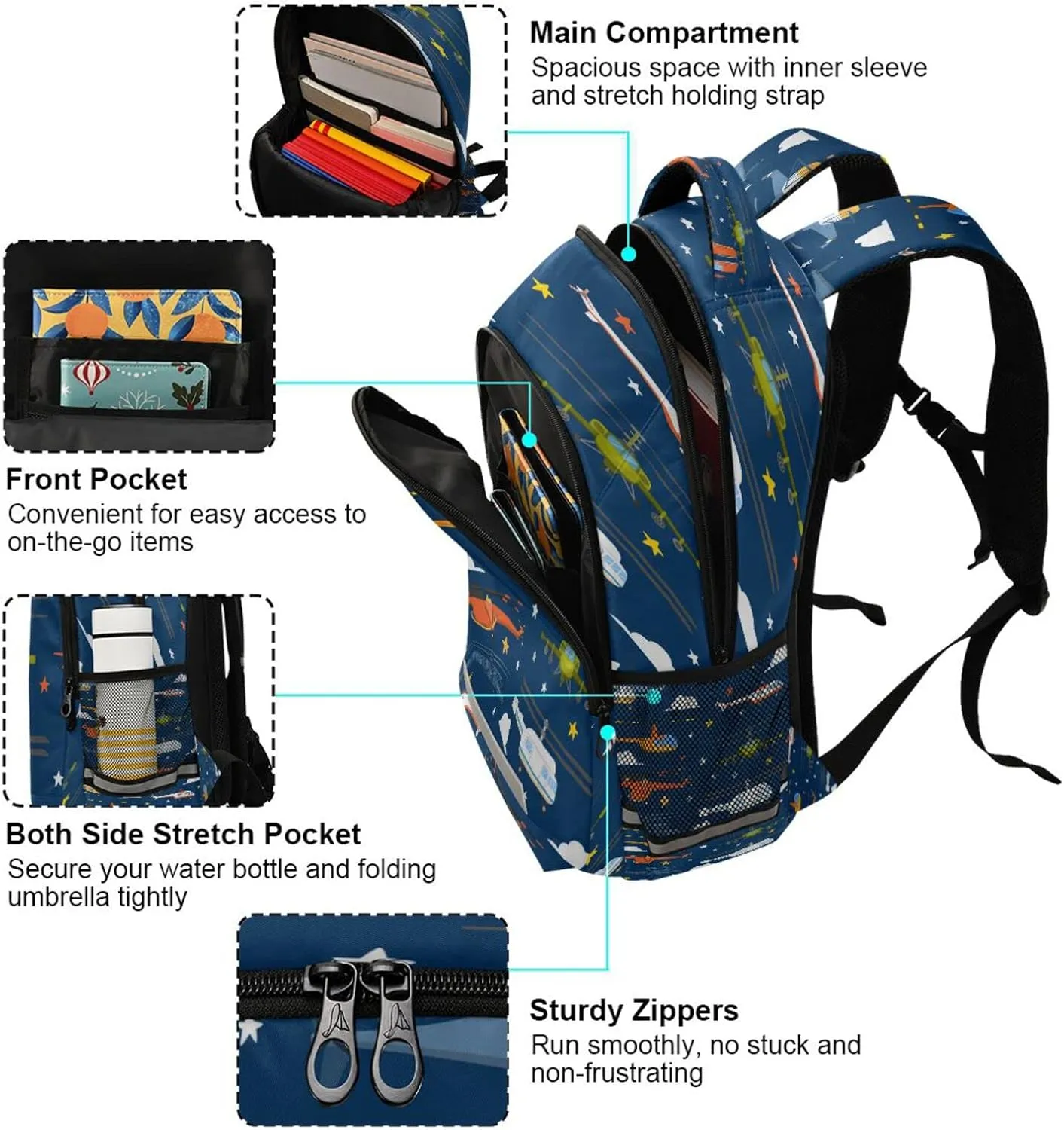 Cartoon Helicopter Backpack for Girls Kids Boys School Bookbags, Student Laptop Backpack Carrying Bag Casual Lightweight Travel Sports Day Packs