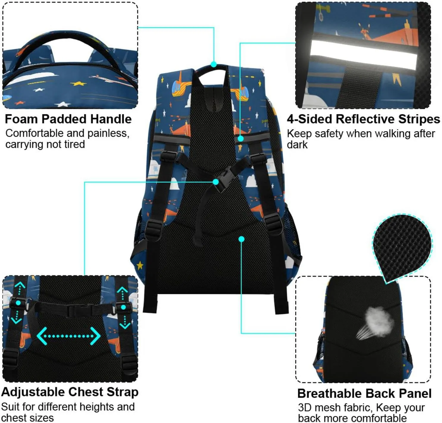 Cartoon Helicopter Backpack for Girls Kids Boys School Bookbags, Student Laptop Backpack Carrying Bag Casual Lightweight Travel Sports Day Packs